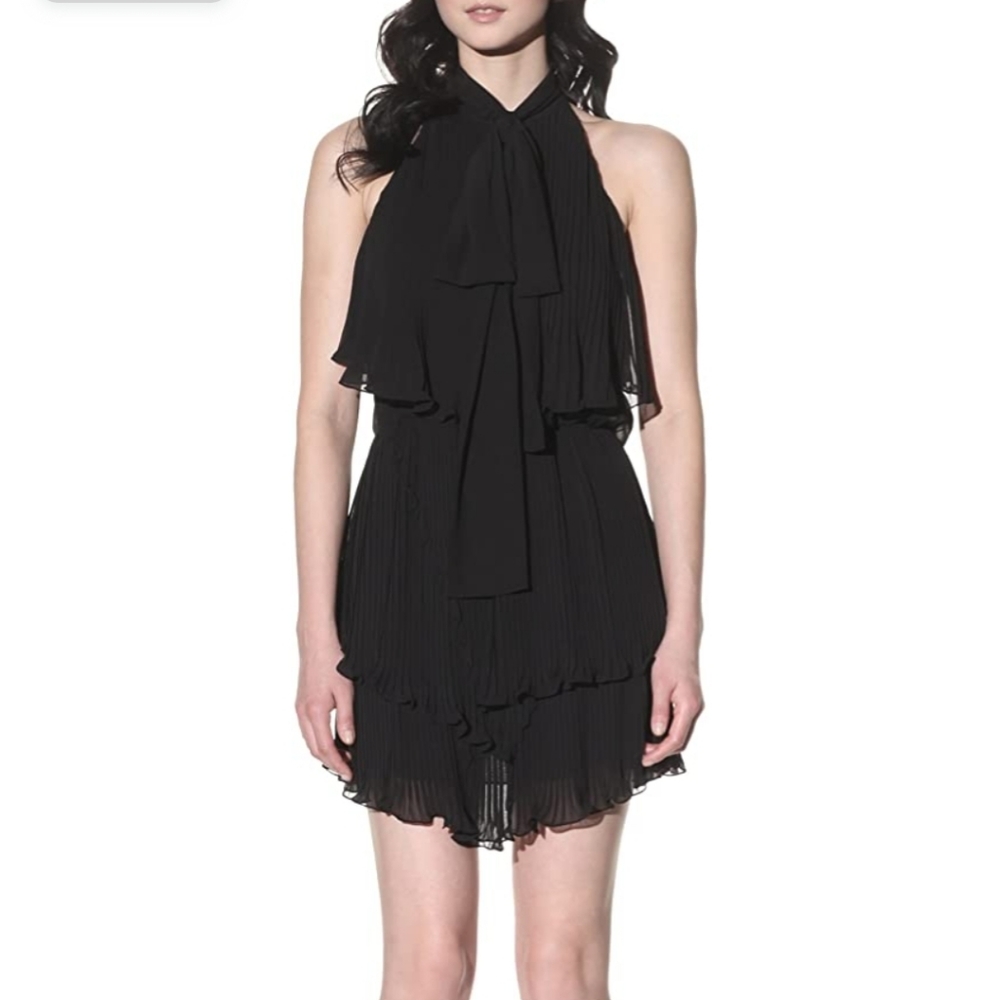 Foley + Corinna Black Tie Neck V Front Trapeze Ruffled Tiered Mini Dress 0/XS